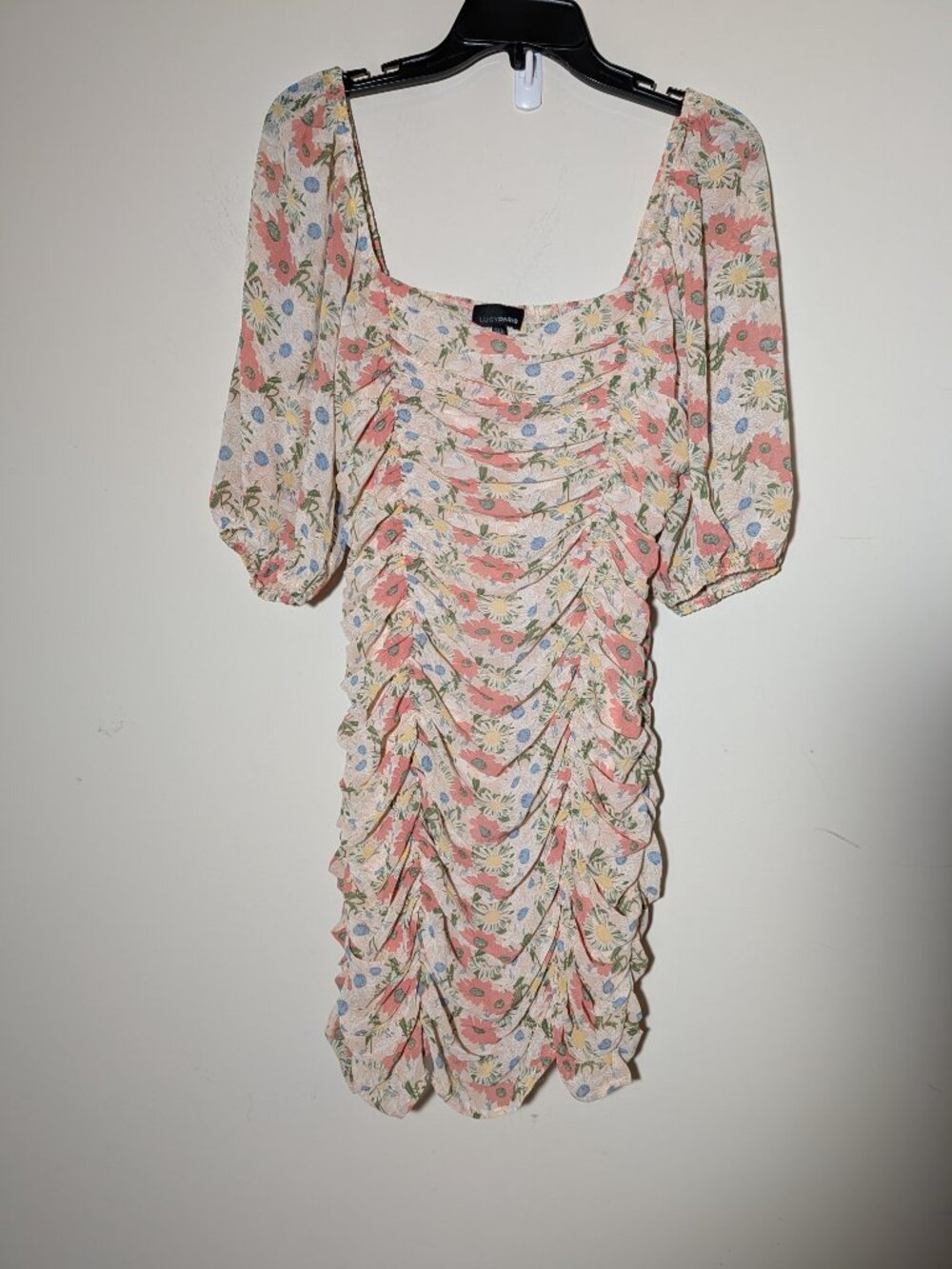 Lucy Paris Ruched Flora Balloon Sleeve Mini Bodycon Dress Pink Sz L Cream